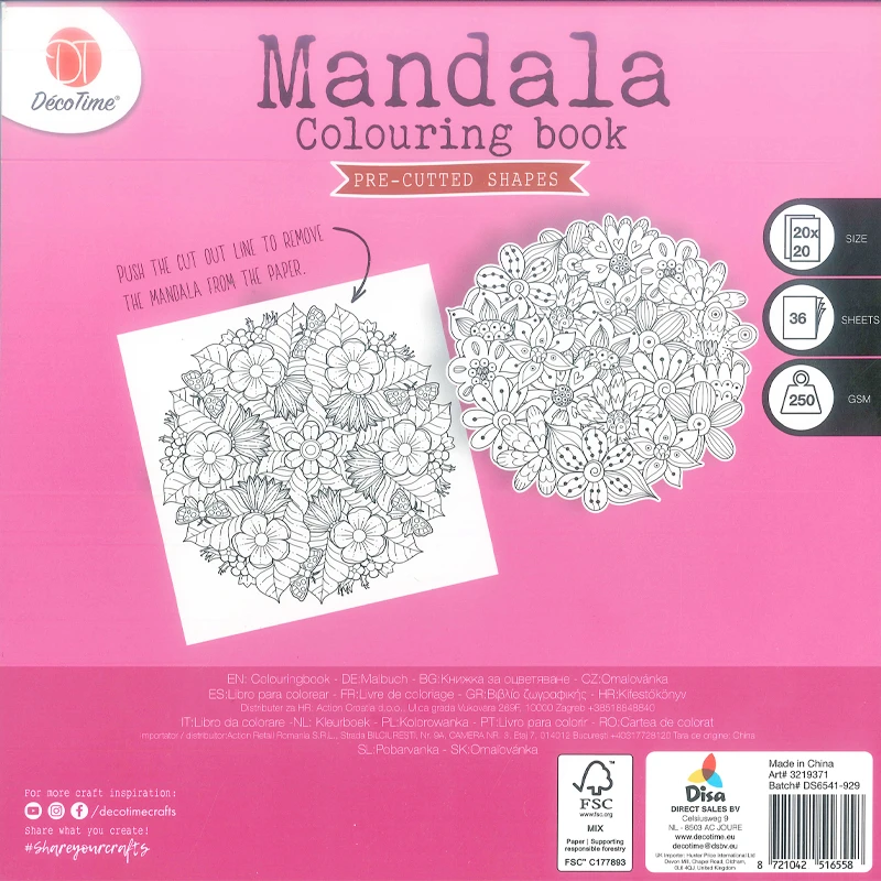 Deco Time - Mandala Anti-Stress Coloring Book Thick Paper 250 gsm Pre-Cutted Shapes 36 Sheets Size 20 x 20 cm – Pink Cover (3219371)